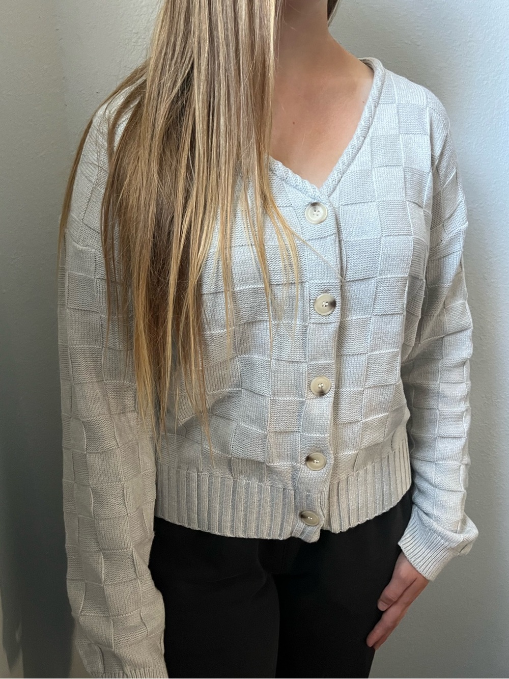 Gray Checker Weave Cardigan